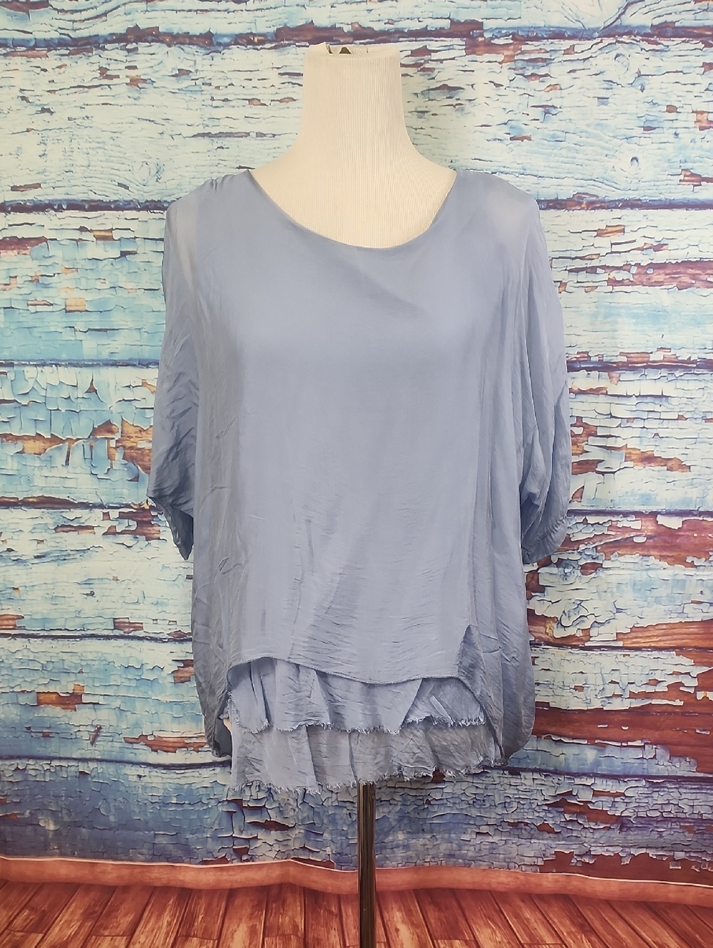 Women's Layered Light Blue Silk Blouse with Soft Tiered Hem